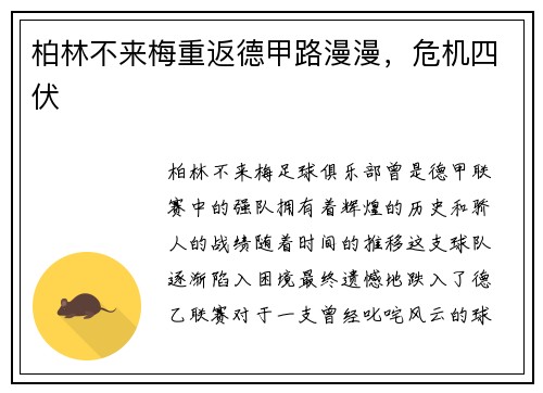 柏林不来梅重返德甲路漫漫，危机四伏