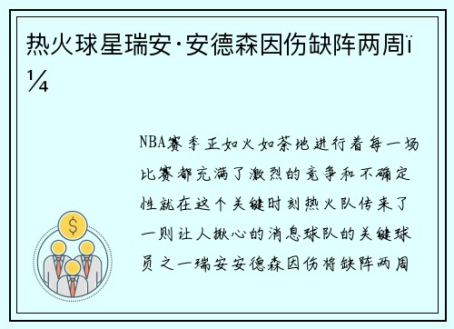 热火球星瑞安·安德森因伤缺阵两周！