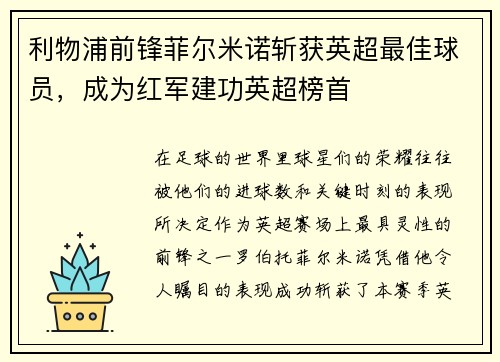 利物浦前锋菲尔米诺斩获英超最佳球员，成为红军建功英超榜首